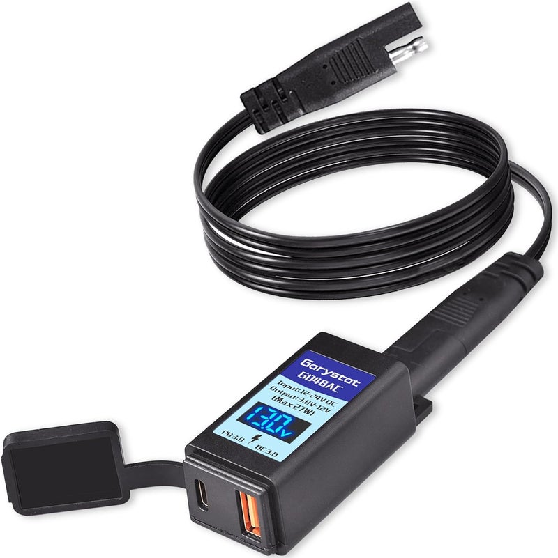Garystat Motorcycle USB-C Charger, SAE to USB Adapter, 27W Dual Port USB Fast Charger with Voltmeter/Ammeter & ON/Off Switch, Perfect for Charging Phone, Tablet, GPS etc - Image 1